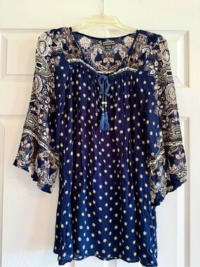 Angie Navy Paisley Tassel Peasant Tunic